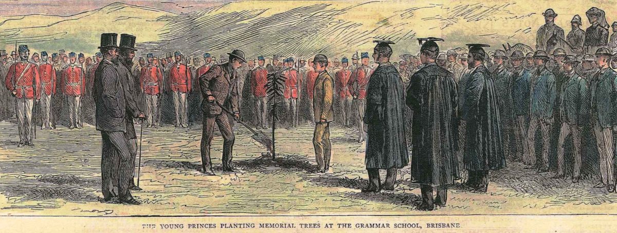 Hand coloured, wood engraving of the young princes at a Brisbane Grammar School tree planting ceremony on 19 August 1881, published in The Graphic, 3 December 1881, page 573.