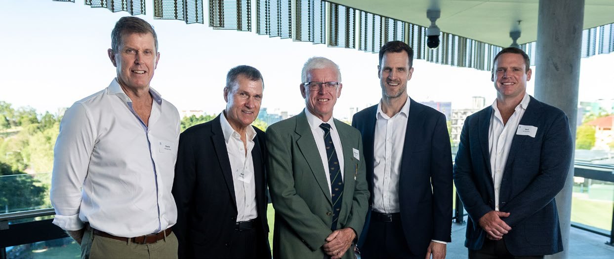 Old Boy Olympians at the unveiling of the Olympic Honour Board, February 2026: David Weightman '88, Neil Martin '72, Richard Powell '78, Toby Jenkins '97 and Ned McKendry '09.